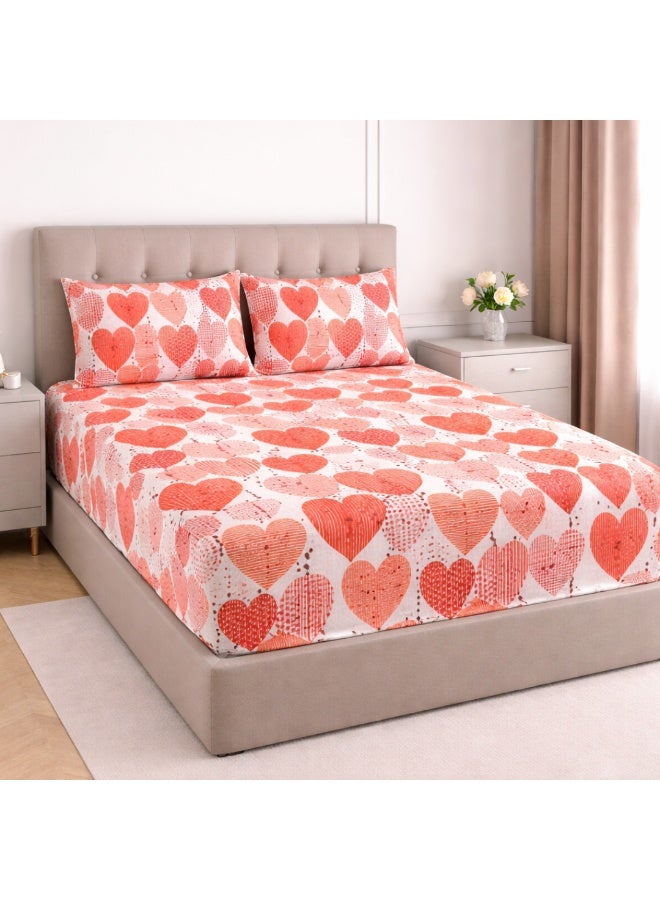 VELMORE Double Size Polycotton Bedsheet Set (3 Pieces) – Soft & Breathable Love Heart Design, 220x240 cm with 2 Pillow Cases (50x70 cm), Wrinkle Resistant, All-Season Comfort - Image 1