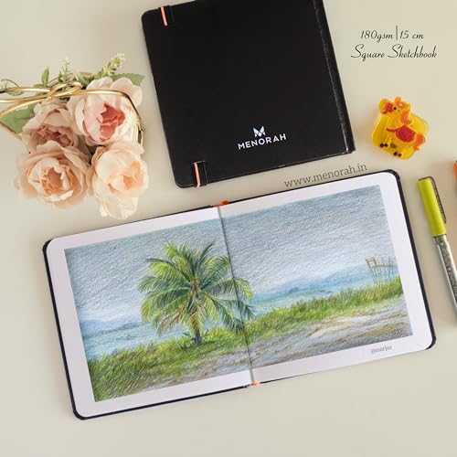 MENORAH Paper - Sketch Book for Artist - Square - 180 GSM - Square Sketchbook for Drawing, Watercolor - Hard Bound - 100 Pages/50 Sheets - (15.0 x 15.0 cm)-(Black) - Image 3