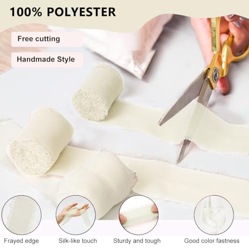 HASTHIP® 3 Rolls Chiffon Ribbon Fringe 1.5" x 7Yd Per Roll Silk Ribbons Set for DIY Craft, Wedding, Party, Decoration, Bridal Bouquets, Gifts Wrapping, Beige Color - Image 3