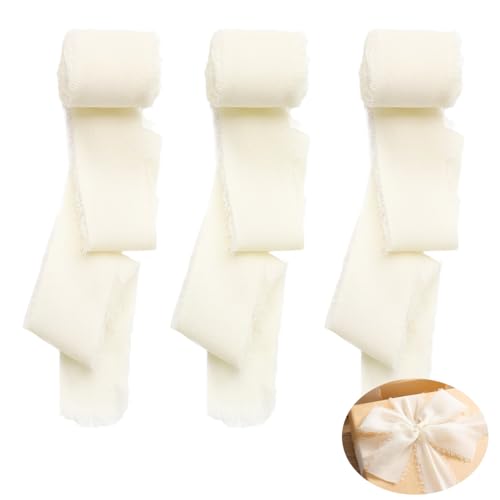 HASTHIP® 3 Rolls Chiffon Ribbon Fringe 1.5" x 7Yd Per Roll Silk Ribbons Set for DIY Craft, Wedding, Party, Decoration, Bridal Bouquets, Gifts Wrapping, Beige Color - Image 1