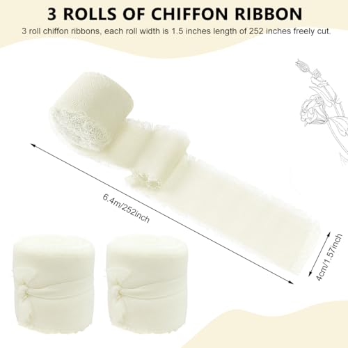 HASTHIP® 3 Rolls Chiffon Ribbon Fringe 1.5" x 7Yd Per Roll Silk Ribbons Set for DIY Craft, Wedding, Party, Decoration, Bridal Bouquets, Gifts Wrapping, Beige Color - Image 2