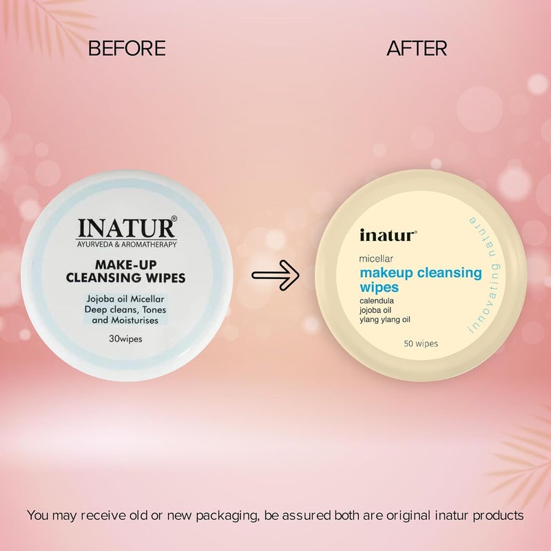 inatur Makeup Remover Wipes for Face 50 Wipes  Daily Cleansing Facial Towelettes to Remove Waterproof Makeup Jojoba Oil Micellar Deep Clean No Artificial Chemicals Makeup Remover Pads - Image 2