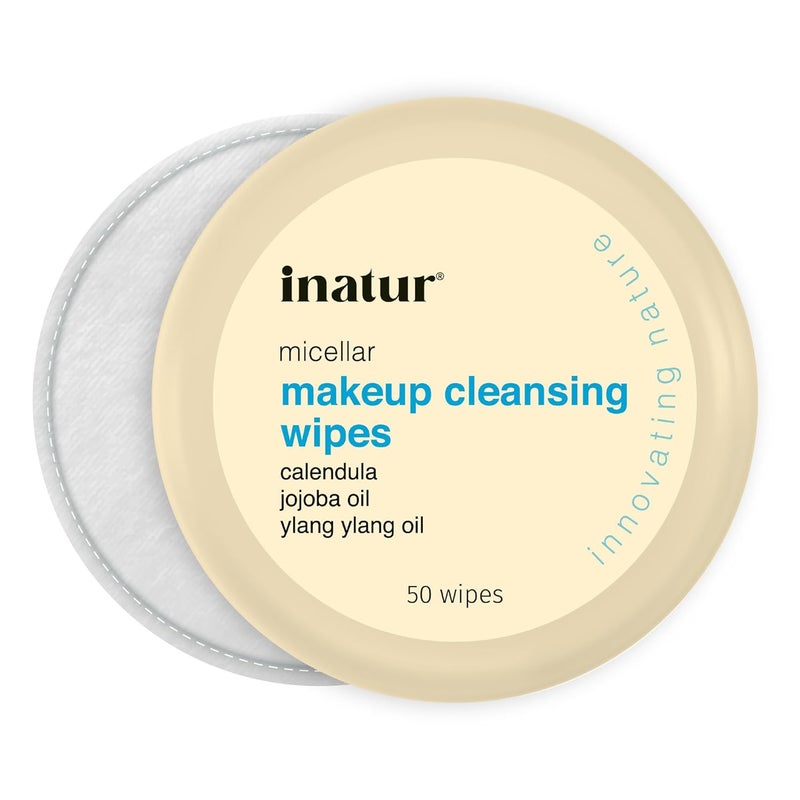 inatur Makeup Remover Wipes for Face 50 Wipes  Daily Cleansing Facial Towelettes to Remove Waterproof Makeup Jojoba Oil Micellar Deep Clean No Artificial Chemicals Makeup Remover Pads - Image 1