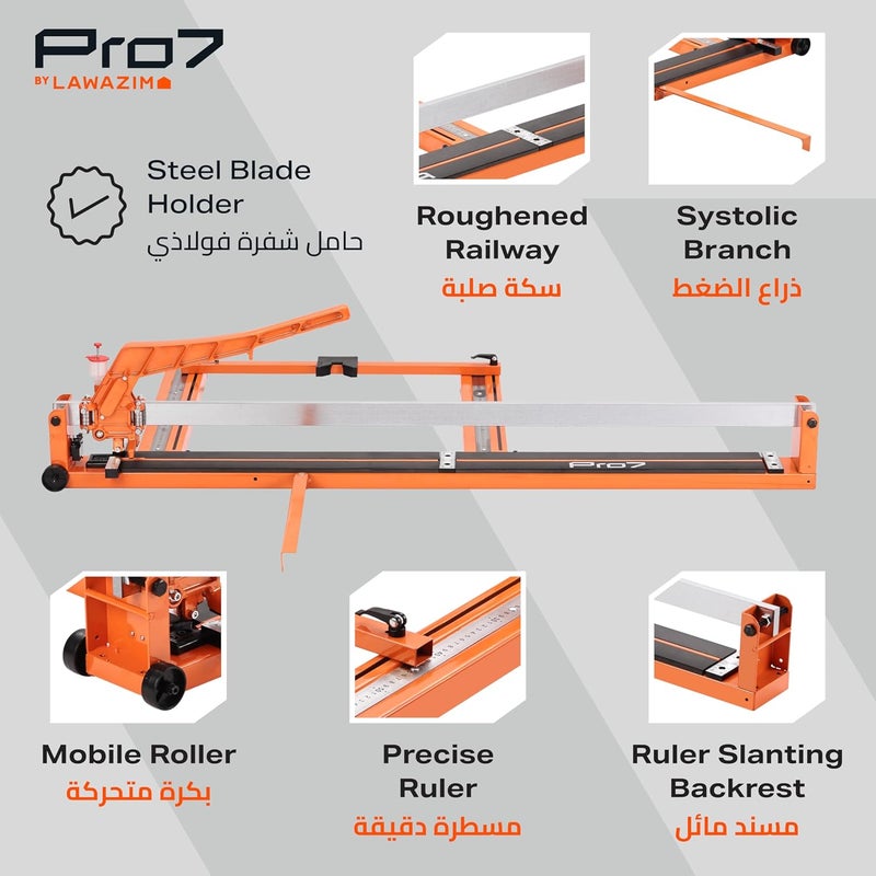Pro7 قاطع بلاط يدوي - سكة مفردة 62.99 بوصة/1600 مم مع دليل ليزر، مسطرة معدنية مترية، تعديل الزاوية 0-45 درجة ودعامة دعم لتركيب بلاط الأرضيات والجدران الخزفية والبورسلين - Image 4