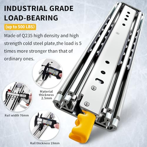 YENUO Heavy Duty Drawer Slides with Lock 12 14 16 18 20 22 24 26 28 30 32 34 36 38 40 44 48 52 56 60 Inch Full Extension Side Mount Ball Bearing Locking Rails Track Glides Runners Load 500 Lbs 1 Pair - Image 3