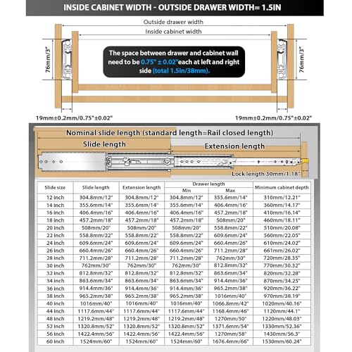YENUO Heavy Duty Drawer Slides with Lock 12 14 16 18 20 22 24 26 28 30 32 34 36 38 40 44 48 52 56 60 Inch Full Extension Side Mount Ball Bearing Locking Rails Track Glides Runners Load 500 Lbs 1 Pair - Image 2