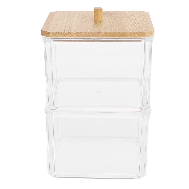 2 Tier Acrylic Cotton Swab Storage Box with Wooden Lid Organizer for Bathroom Vanity Makeup - Image 2