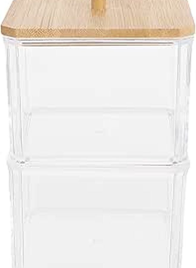 2 Tier Acrylic Cotton Swab Storage Box with Wooden Lid Organizer for Bathroom Vanity Makeup - Image 1