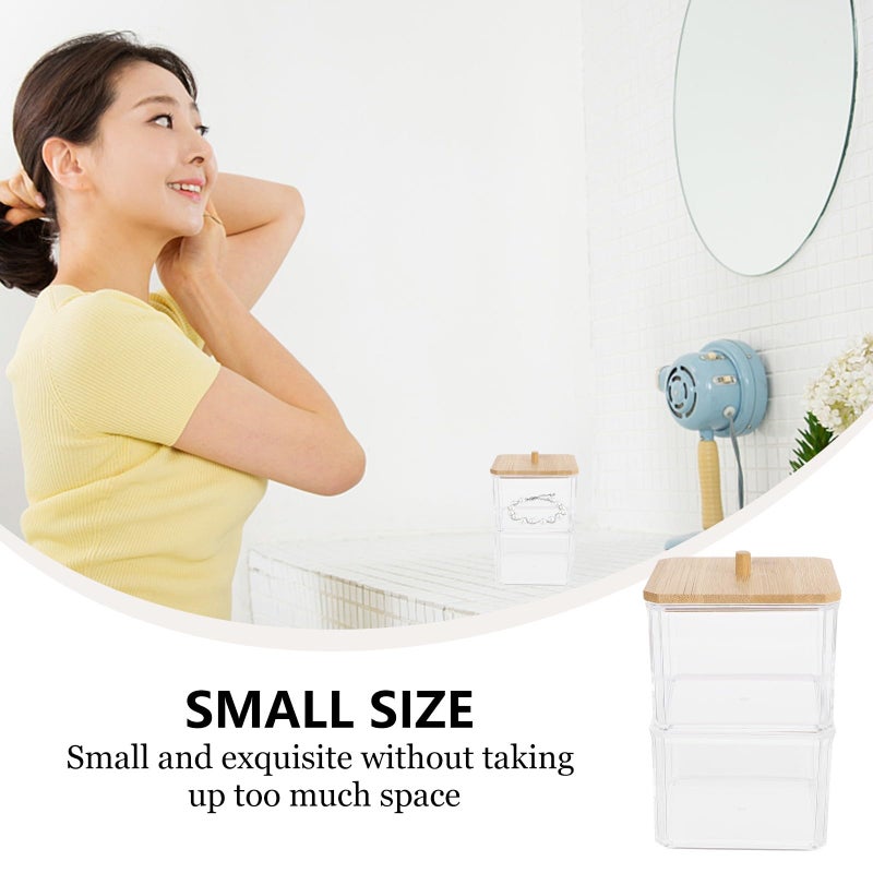 2 Tier Acrylic Cotton Swab Storage Box with Wooden Lid Organizer for Bathroom Vanity Makeup - Image 4