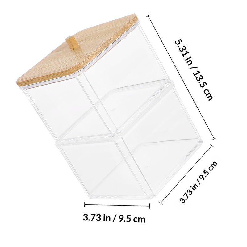 2 Tier Acrylic Cotton Swab Storage Box with Wooden Lid Organizer for Bathroom Vanity Makeup - Image 3