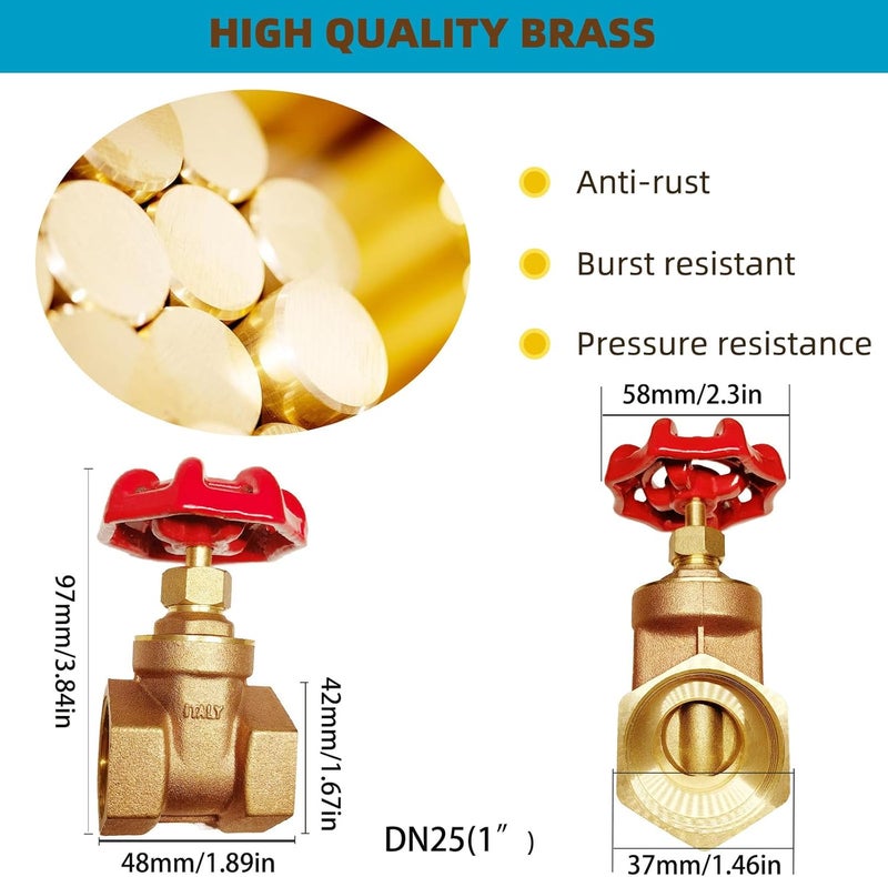 GUXGUY 1” Brass Gate Valve DN25 - NPT Female Threaded Rotary Globe Valve for Water and Gas Control - Image 3