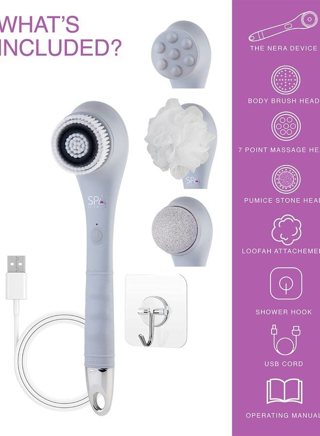 Spa Sciences NERA Shower Body Brush - 4-in-1 Multifunction Treatment - for Improved Exfoliation, Cleansing, Massaging - Includes Body Brush, Loofah, Pumice Stone, Massage Head - All Skin Types - Image 4