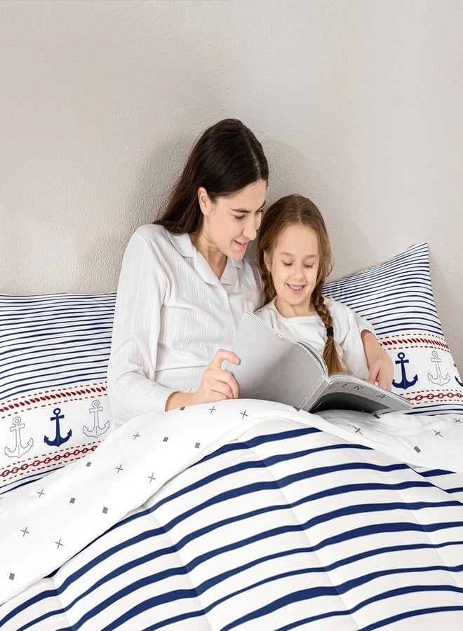 Castle Fairy Boys Geometric Striped Bedding Set Navy Blue Anchor Comforter Set Twin Size Nautical Themed Quilted Duvet 2pcs for Kids Teens Men Adults Room Decor Sea Adventure Duvet Insert White,1 Pillowcase - Image 2