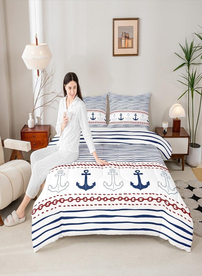 Castle Fairy Boys Geometric Striped Bedding Set Navy Blue Anchor Comforter Set Twin Size Nautical Themed Quilted Duvet 2pcs for Kids Teens Men Adults Room Decor Sea Adventure Duvet Insert White,1 Pillowcase - Image 4