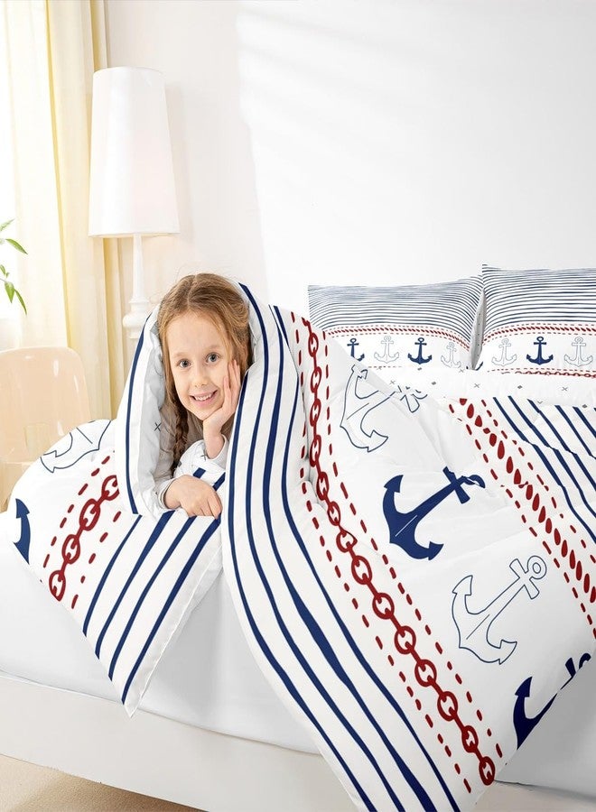 Castle Fairy Boys Geometric Striped Bedding Set Navy Blue Anchor Comforter Set Twin Size Nautical Themed Quilted Duvet 2pcs for Kids Teens Men Adults Room Decor Sea Adventure Duvet Insert White,1 Pillowcase - Image 3
