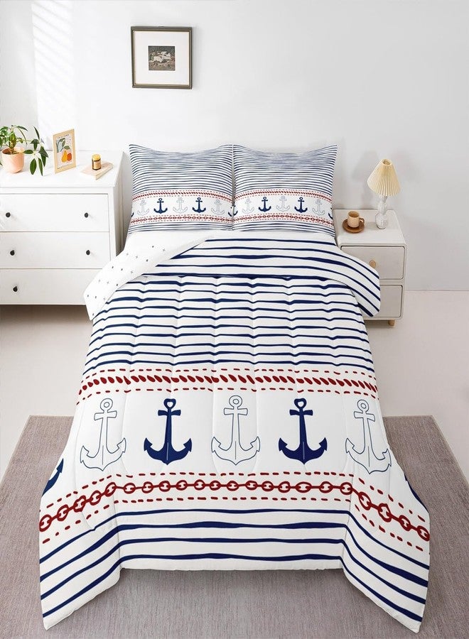Castle Fairy Boys Geometric Striped Bedding Set Navy Blue Anchor Comforter Set Twin Size Nautical Themed Quilted Duvet 2pcs for Kids Teens Men Adults Room Decor Sea Adventure Duvet Insert White,1 Pillowcase - Image 5