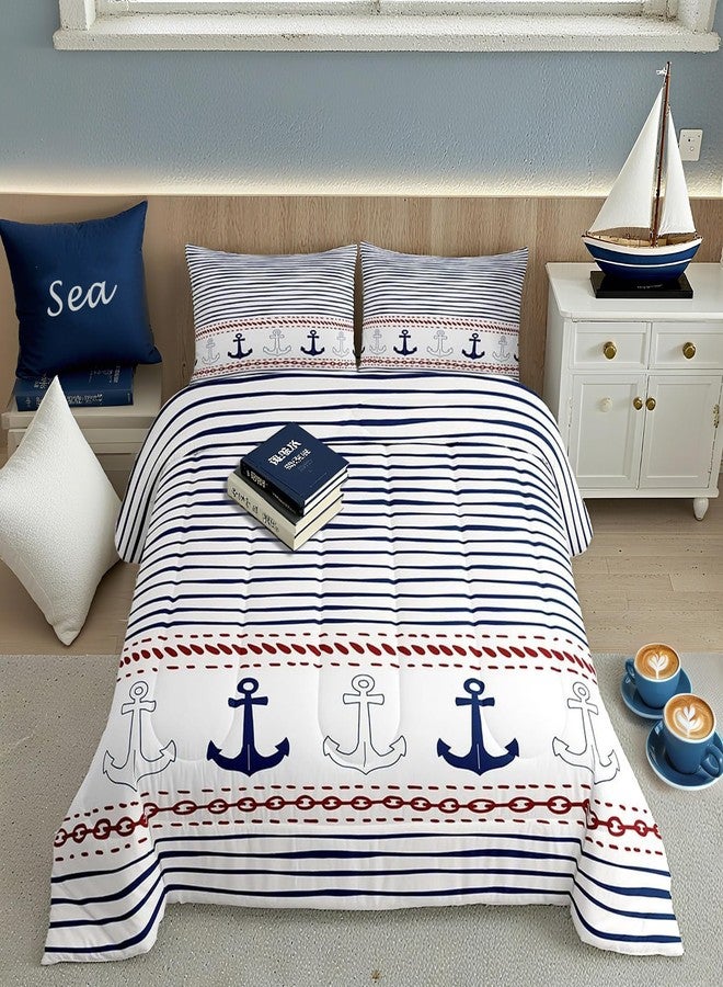 Castle Fairy Boys Geometric Striped Bedding Set Navy Blue Anchor Comforter Set Twin Size Nautical Themed Quilted Duvet 2pcs for Kids Teens Men Adults Room Decor Sea Adventure Duvet Insert White,1 Pillowcase - Image 1
