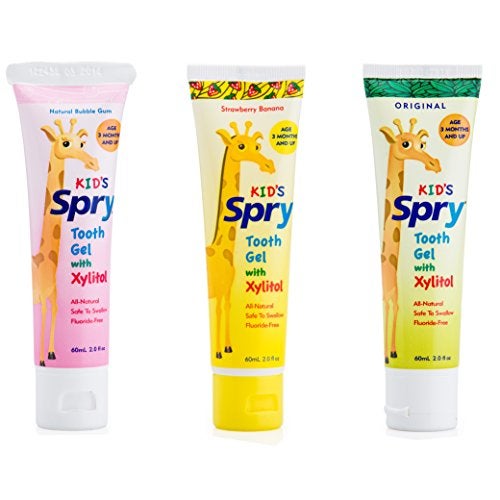 Spry Natural Xylitol Toothpaste for Baby, Toddler, Kids Age 3 Months Up - Fluoride Free Tooth Gel, Support Development of Emerging Teeth, Strawberry Banana, Bubblegum, Original, 2 Fl Oz (Pack of 3) - Image 1