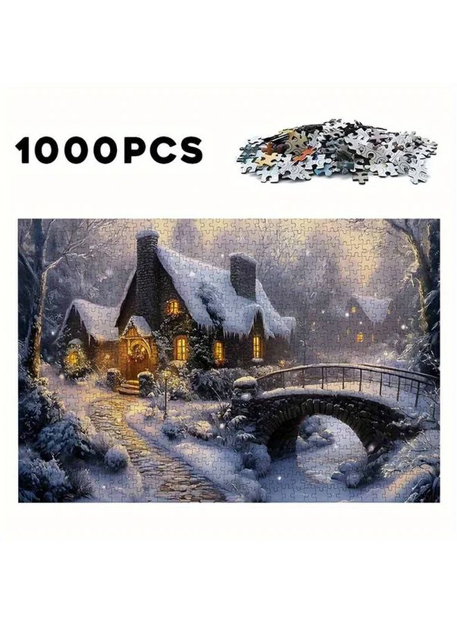 1000 قطعة لغز مشهد الثلج الشتوي للكبار مع كوخ وجسر - Image 2