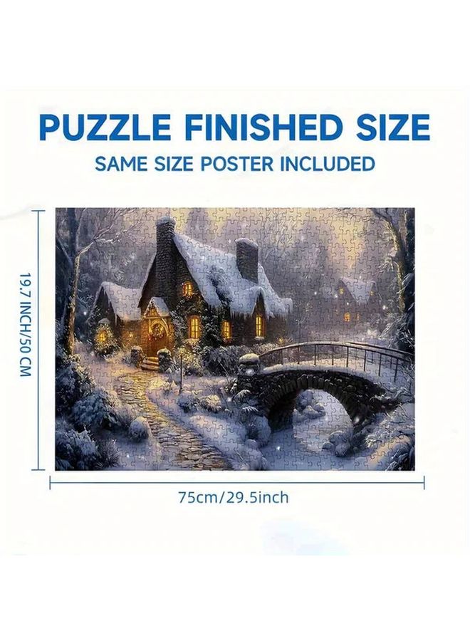 1000 قطعة لغز مشهد الثلج الشتوي للكبار مع كوخ وجسر - Image 3