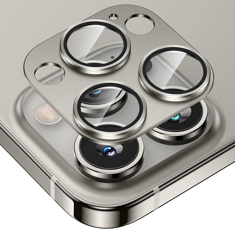 KEKOZE Camera Lens Protector Compatible With iPhone 15 Pro and iPhone 15 Pro Max � Full Coverage 9H Tempered Glass with Metal Plate, HD Clear, Joint Camera Ring Protector - Titanium Grey - Image 1