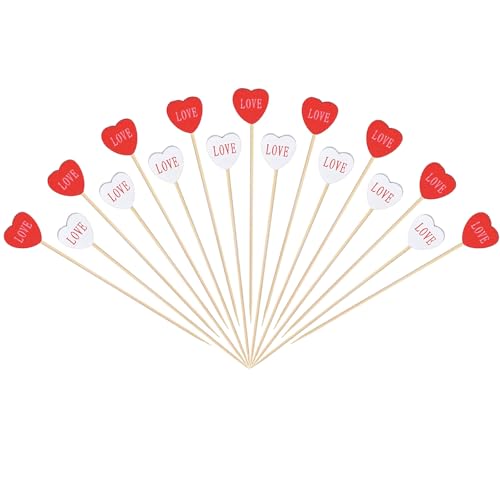 Jiesky 150pcs 4.7in 2 colors mixed Love Heart Cocktail Picks Long Bamboo Fancy Toothpicks for Appetizers Bamboo Cocktail Toothpicks Fruit Food Appetizer for Valentine Party Decorations - Image 3