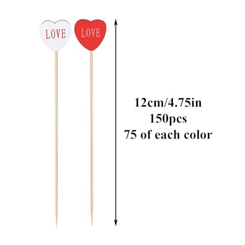 Jiesky 150pcs 4.7in 2 colors mixed Love Heart Cocktail Picks Long Bamboo Fancy Toothpicks for Appetizers Bamboo Cocktail Toothpicks Fruit Food Appetizer for Valentine Party Decorations - Image 2