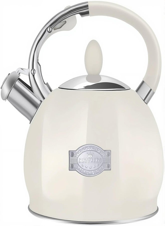 RETTBERG Tea Kettle for Stovetop Induction Whistling Tea Kettles 2.64 Quart Retro Food Grade Stainless Steel Teapots with Cool Touch Handle White - Image 1