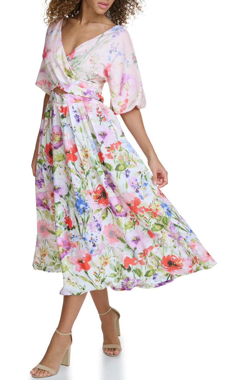 Siena Women's Floral Printed Fit and Flare Dress, Wht/MUL - Image 2