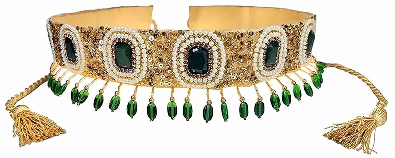 DUCHESS Green Golden Beaded Designer Tasselled Cloth Waist Saree Belt and Kamarbandh for Women (Green, 1) - Image 1