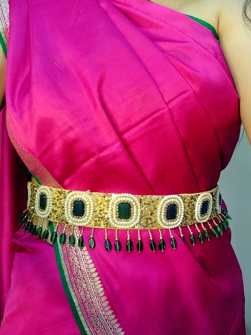 DUCHESS Green Golden Beaded Designer Tasselled Cloth Waist Saree Belt and Kamarbandh for Women (Green, 1) - Image 2