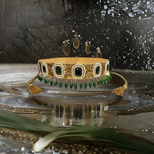 DUCHESS Green Golden Beaded Designer Tasselled Cloth Waist Saree Belt and Kamarbandh for Women (Green, 1) - Image 3