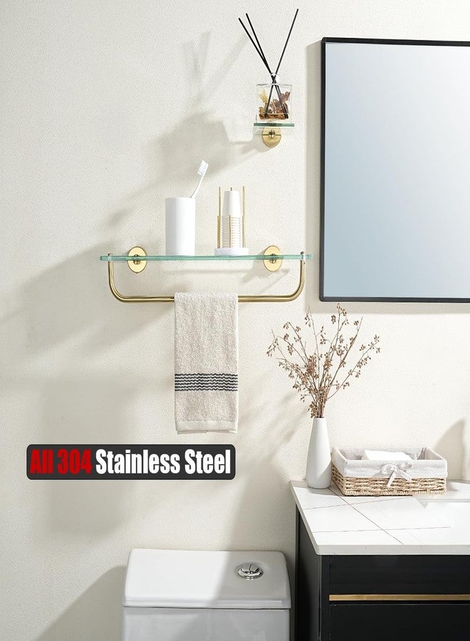 JQK Bathroom Glass Shelf, Shelf with 19 Inch Towel Bar Tempered Glass Shower Storage 20 by 5 inches, 304 Stainless Steel Brushed Gold Wall Mount, TGS100L20-BG - Image 4