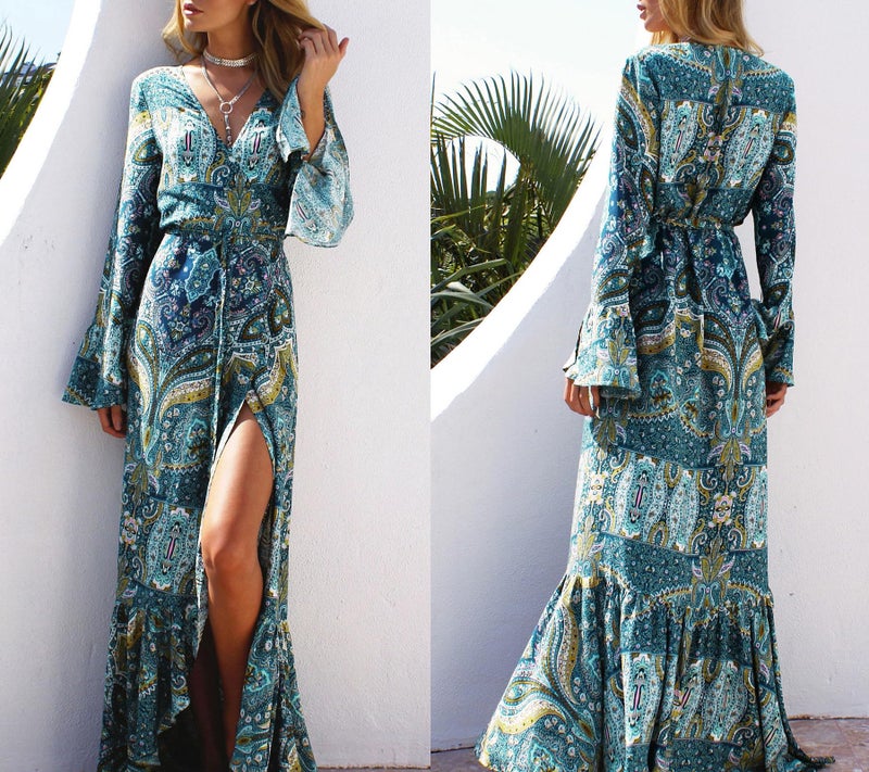 R.Vivimos Womens Summer Long Sleeve Cardigan Sexy Maxi Dresses (Small, Multicolor-Blue) - Image 2