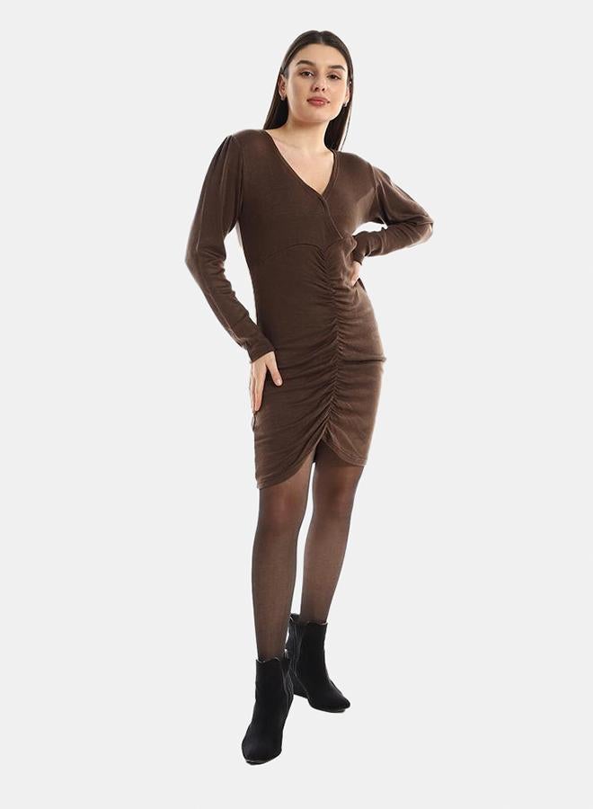 kady Jamila Women Front Gathered V Neck Slip On Dress ,brown-XXL - Image 1