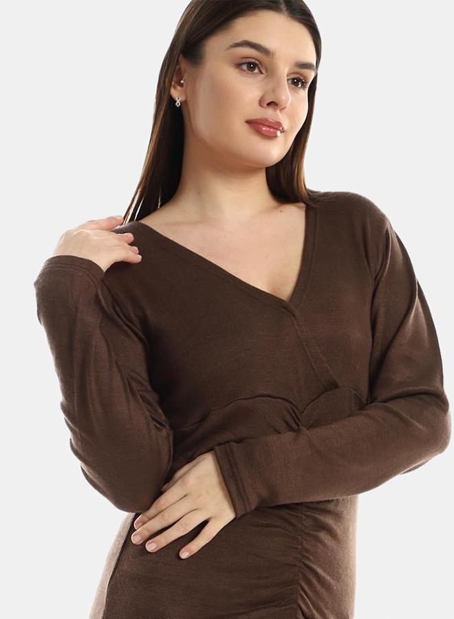 kady Jamila Women Front Gathered V Neck Slip On Dress ,brown-XXL - Image 4