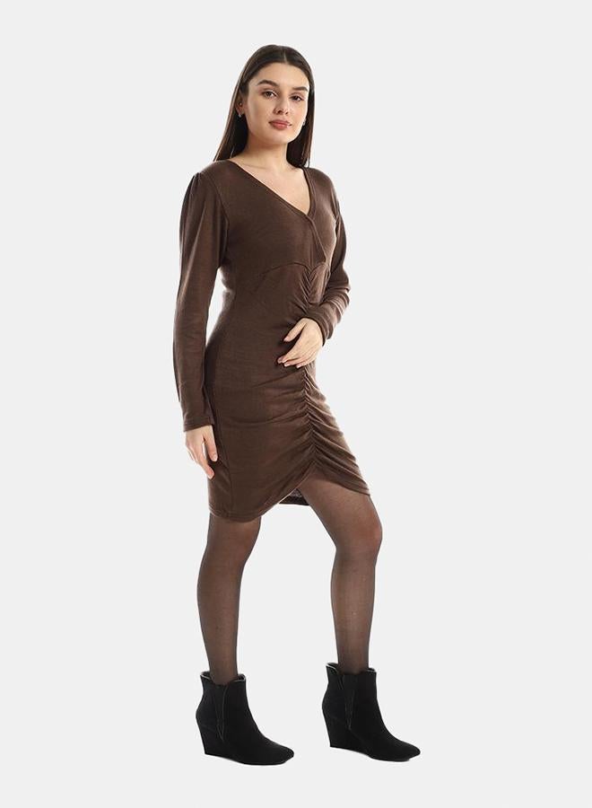 kady Jamila Women Front Gathered V Neck Slip On Dress ,brown-XXL - Image 2