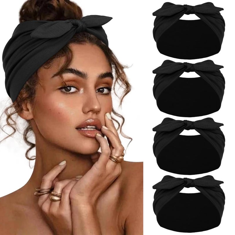 حزم هيدباند سوداء من هوتشي 4 قطع للنساء والفتيات، أشرطة رأس عريضة للشعر النسائي، غير قابلة للانزلاق، ناعمة ومرنة، أشرطة شعر سميكة للتدريب في الصالة الرياضية، باندانا تركية، أغطية رأس، إكسسوارات شعر