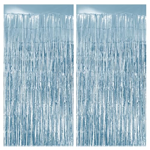 Watch Me Fly 2 Pack Light Blue Fringe Backdrop, 3.2x8.2ft Shining Foil Tinsel Curtains, Birthday Party Decorations Door Streamers for Halloween, Christmas, Wedding, Graduation, Holiday, Theme Events - Image 1