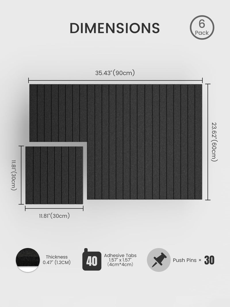 Bumusty Large Cork Board Alternative-36 x 24" Felt Bulletin Board Tiles, with 30 Pushpins, 40 Adhesive Tabs, Fine-Stripe 6-Pack, Cork Boards for Office Push Pin Board Felt Board-Black - Image 2