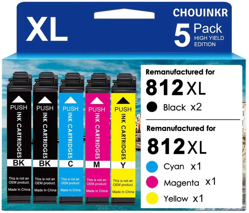 CHOUINKR 812XL Ink Cartridges Remanufactured for Epson 812XL Ink Cartridges Combo Pack 812XL Use with Workforce Pro WF-7310 WF-7820 WF-7840 EC C7000 Printer (2 Black Cyan Magenta Yellow, 5 Pack) - Image 1