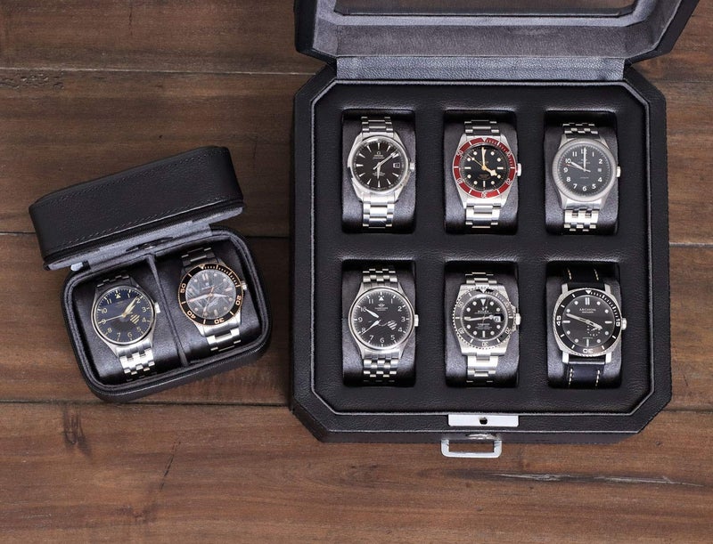 ROTHWELL Gift Set 6 Slot Leather Watch Box and 2 Watch Travel Case - Luxury Case Organizer, Microsuede Liner, Locking Mens Jewelry Watches Holder, Storage Boxes Glass Top (Black/Grey Gift Set) - Image 2