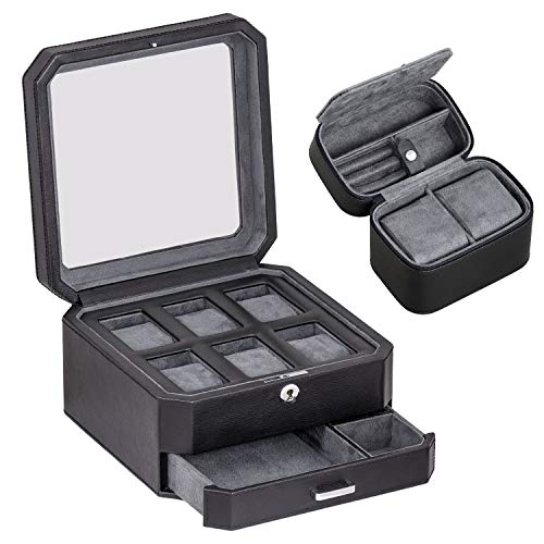 ROTHWELL Gift Set 6 Slot Leather Watch Box and 2 Watch Travel Case - Luxury Case Organizer, Microsuede Liner, Locking Mens Jewelry Watches Holder, Storage Boxes Glass Top (Black/Grey Gift Set) - Image 1