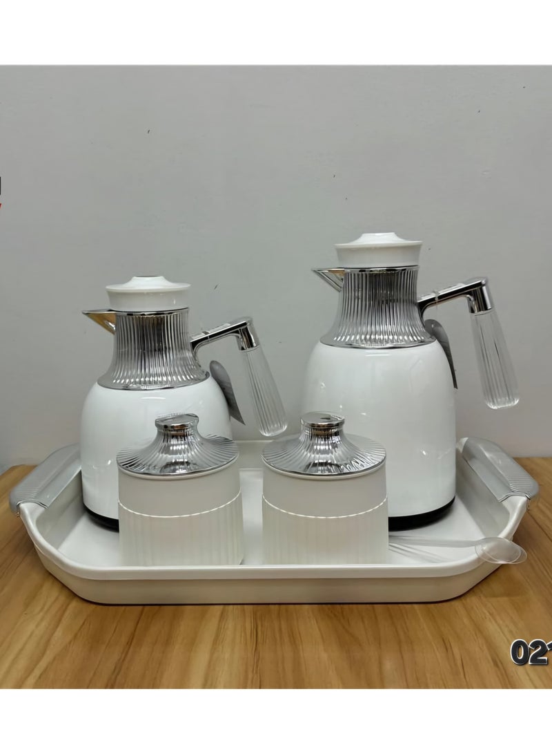 AL OSTORAH White + silver thermos set for tea and coffee, 1 liter + 0.7 liters, with a serving tray, sugar bowl, and tea box, attractive design, 5 pieces