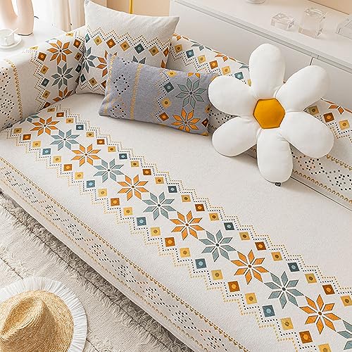 JadeRich Chenille Sectional Couch Covers, Boho Style Jacquard Sofa Slipcover Bohemian Geometric Pattern Furniture Protector - Image 1