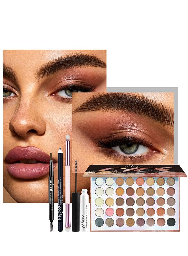 بوب فيل مجموعة مكياج العيون من 5 قطع، تطبيق سريع في 5 دقائق، يدوم طويلًا، مع ماسكارا، فرشاة، قلم حواجب، قلم تحديد عيون، لوحة ظلال عيون من 40 لونًا (درجات ألوان ترابية/شاي حليبي) - Image 1