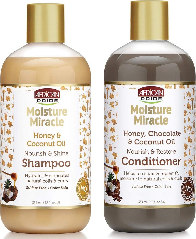African Pride Moisture Miracle Shampoo and Conditioner Honey Chocolate Coconut Oil Set 12 Oz
