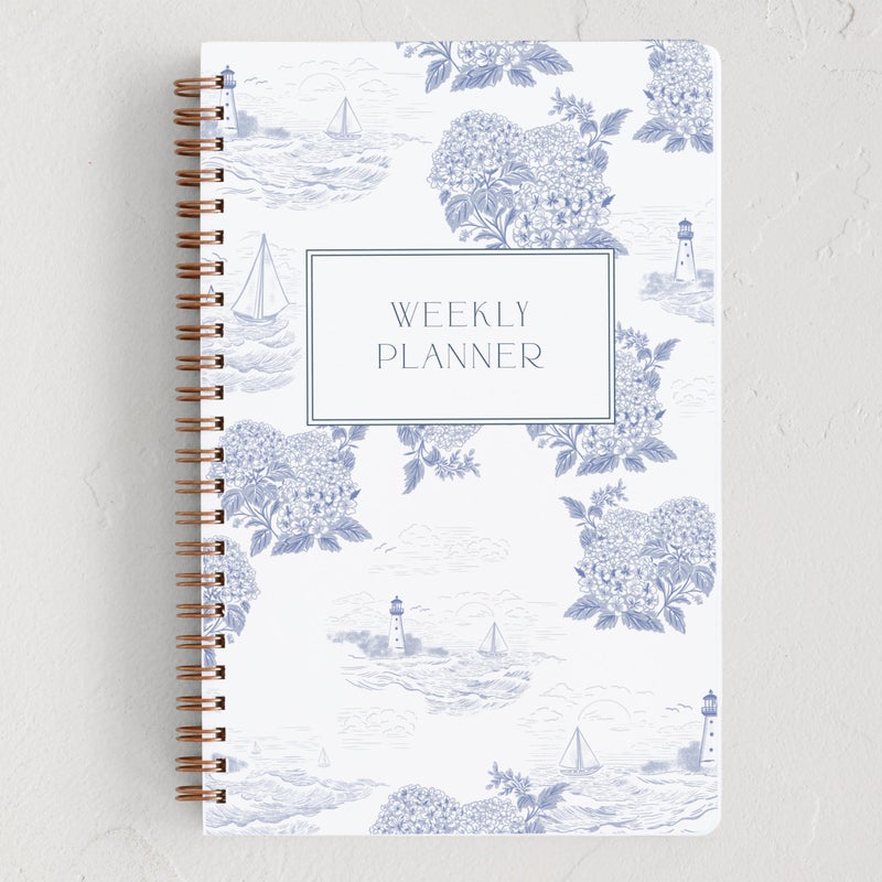 Minted Coastal Toile 2026 Weekly & Monthly Undated Planner, 5.5" x 8.5" Blue Nautical Spiral Bound Planner Notebook, 132 Pages, Undated Monthly & Weekly Layouts for Home or Office - Image 1