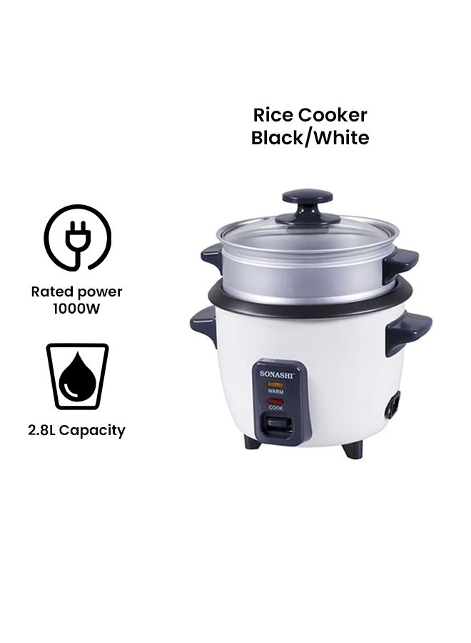 SONASHI Rice Cooker With Non-Stick Inner Pot Stainless Steel Body - Cook/Steam/Keep Warm Functions | Removable Cooking Pot with Metal Housing and Tempered Glass Lid 2.8 L 1000 W SRC-328N Black/White - Image 2