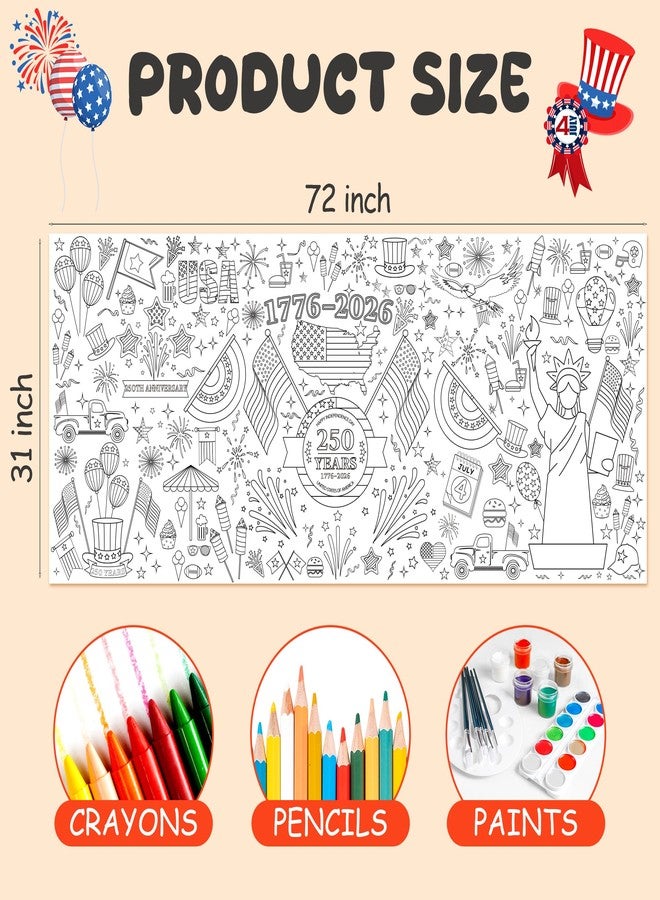 OHOME 4th of July Giant Coloring Poster/Tablecloth - 250th Anniversary USA Decorations,Kids July 4th Crafts Games Activities Toys Decor Party Decor for Classroom School - Image 2